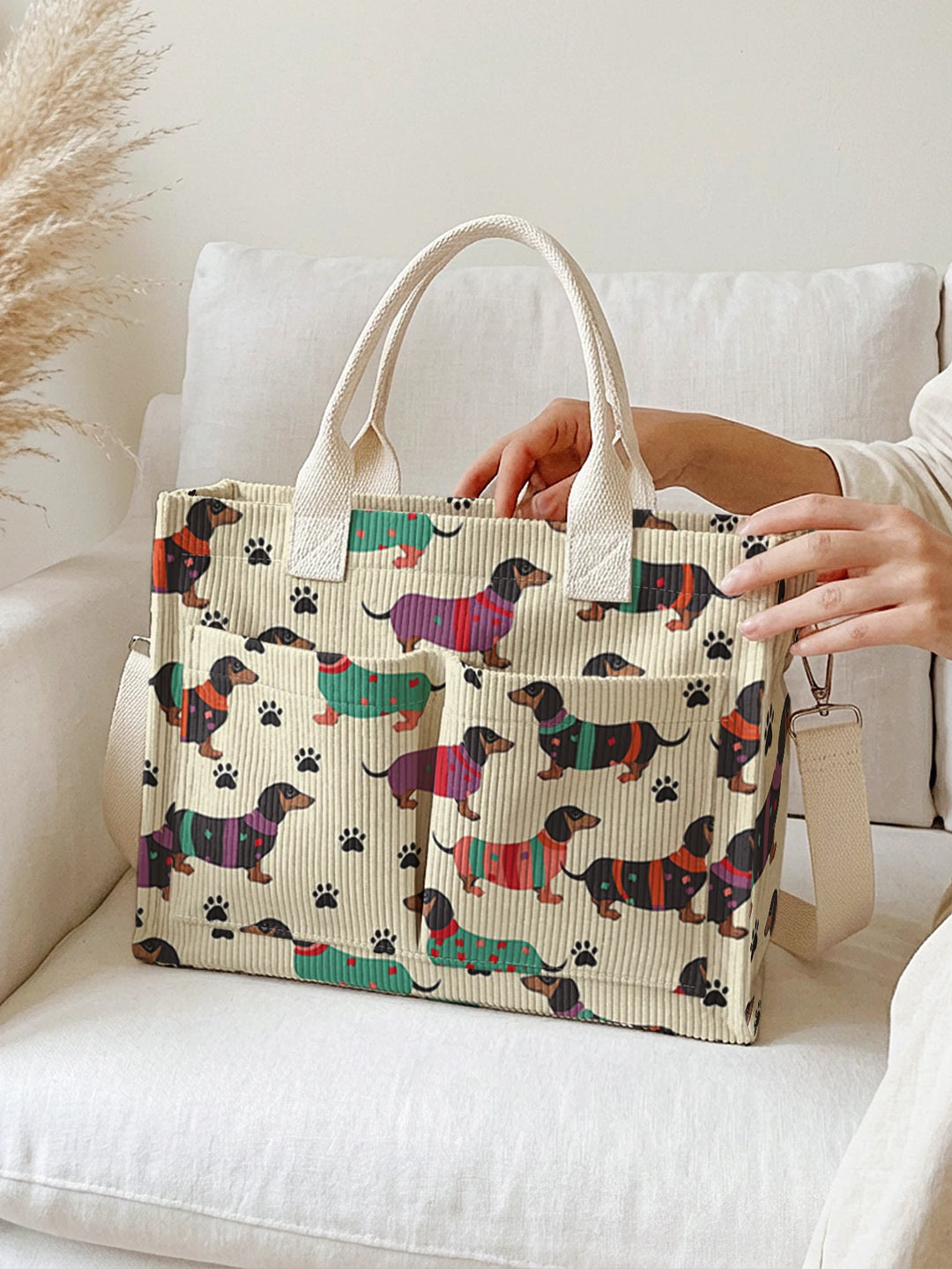 Sac en velours côtelé avec impression de teckel, grande capacité, plusieurs poches, pour les amoureux des chiens, sac à bandoulière pour le travail