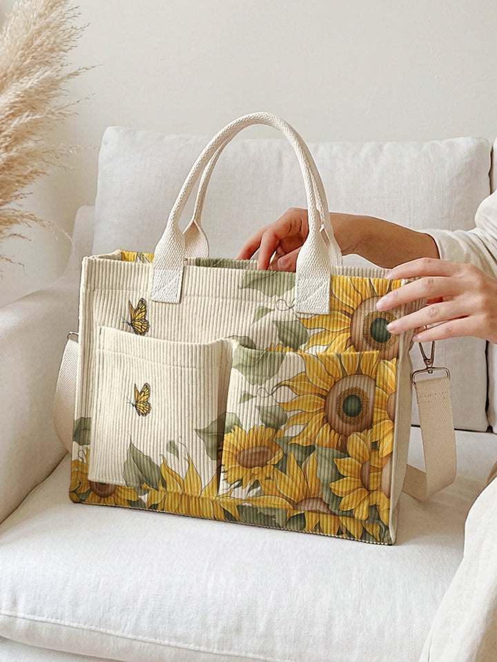 Sac en velours côtelé vintage avec impression de tournesol et de papillon, grande capacité, sac à bandoulière avec plusieurs poches