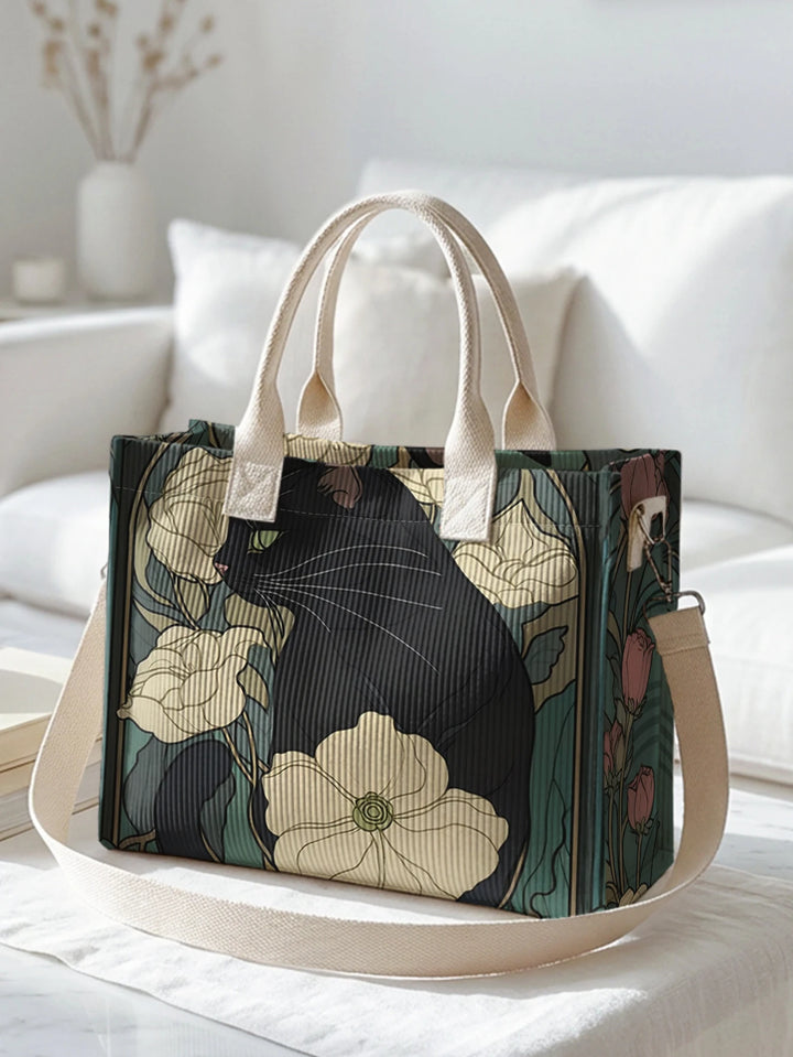 Sac à main en velours côtelé avec impression de chat noir et de fleurs, grande capacité et plusieurs poches pour les amoureux des chats, sac à bandoulière pour le travail