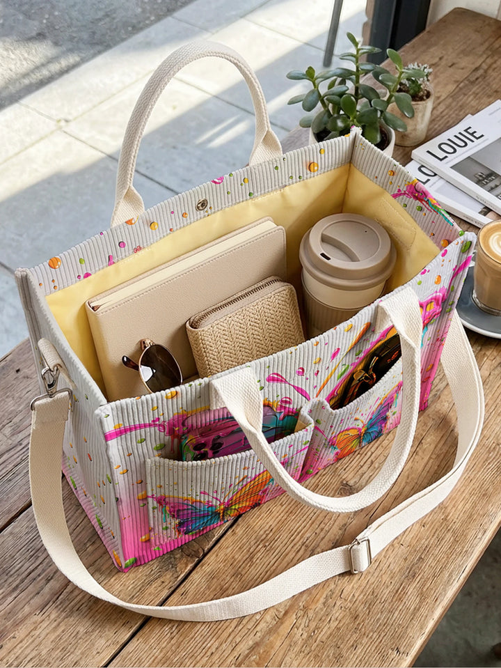 Sac à main en velours côtelé coloré avec imprimé papillon, grande capacité, sac à bandoulière avec plusieurs poches
