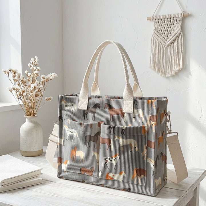 Sac en velours côtelé avec imprimé de chevaux, grande capacité, plusieurs poches, sac à bandoulière pour cavaliers et navetteurs