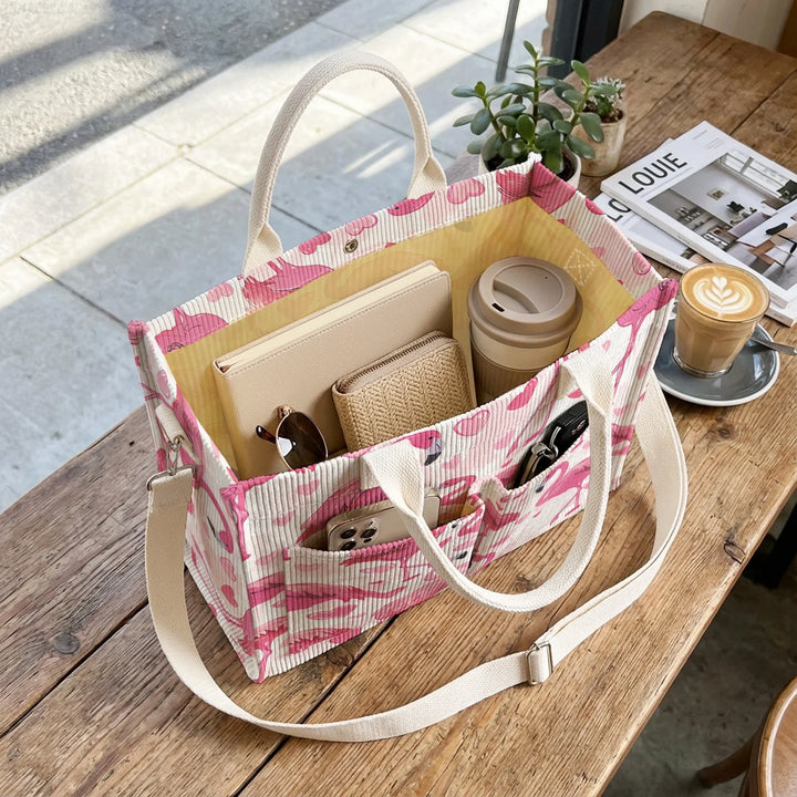 Sac à main en velours côtelé imprimé Flamant Rose & Cœur Grande capacité Multi Poche sac bandoulière amovible