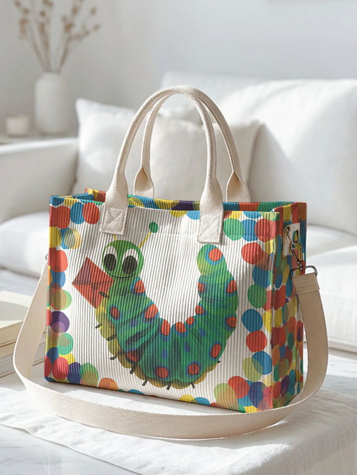 Sac en velours côtelé Hungry Caterpillar avec imprimé à pois, grande capacité, plusieurs poches, sac à bandoulière pour le travail