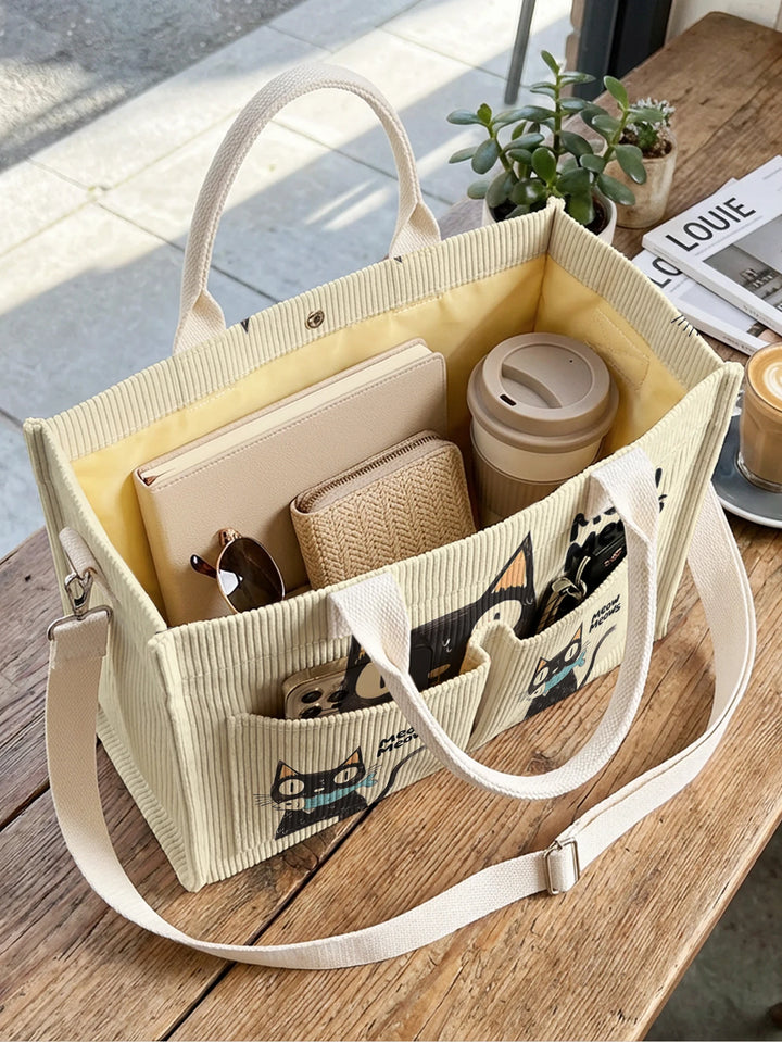 Sac à main en velours côtelé "Meow Meows" noir mignon à grande capacité, sac à bandoulière multi-poches pour les amoureux des chats