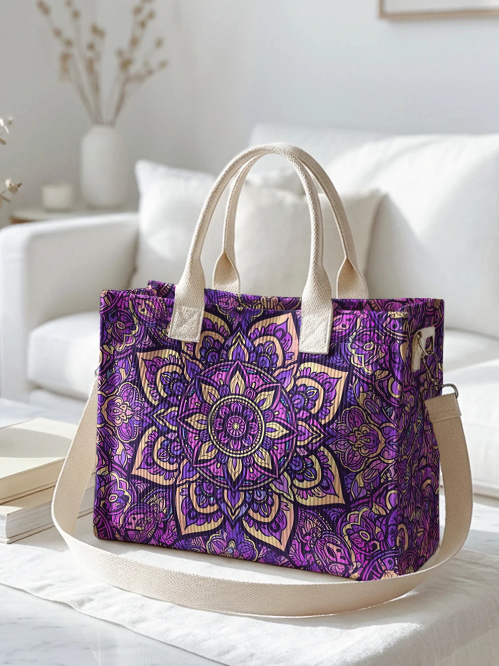 Sac à dos en velours côtelé avec imprimé mandala violet, grande capacité et plusieurs poches, sac à bandoulière pour les trajets domicile-travail