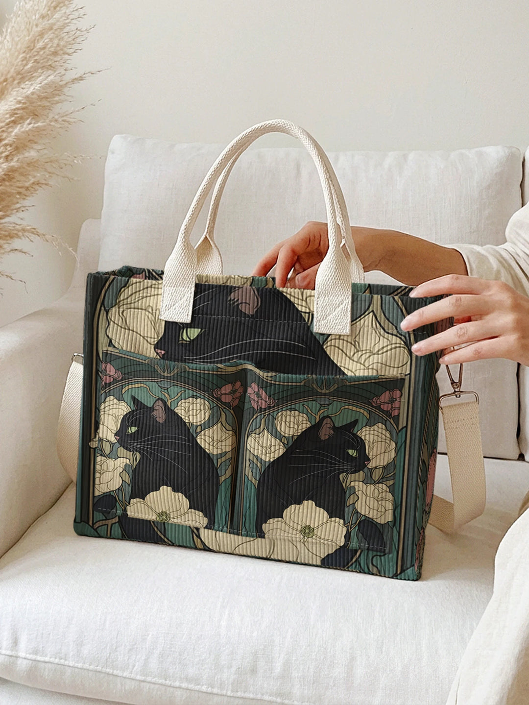 Sac à main en velours côtelé avec impression de chat noir et de fleurs, grande capacité et plusieurs poches pour les amoureux des chats, sac à bandoulière pour le travail