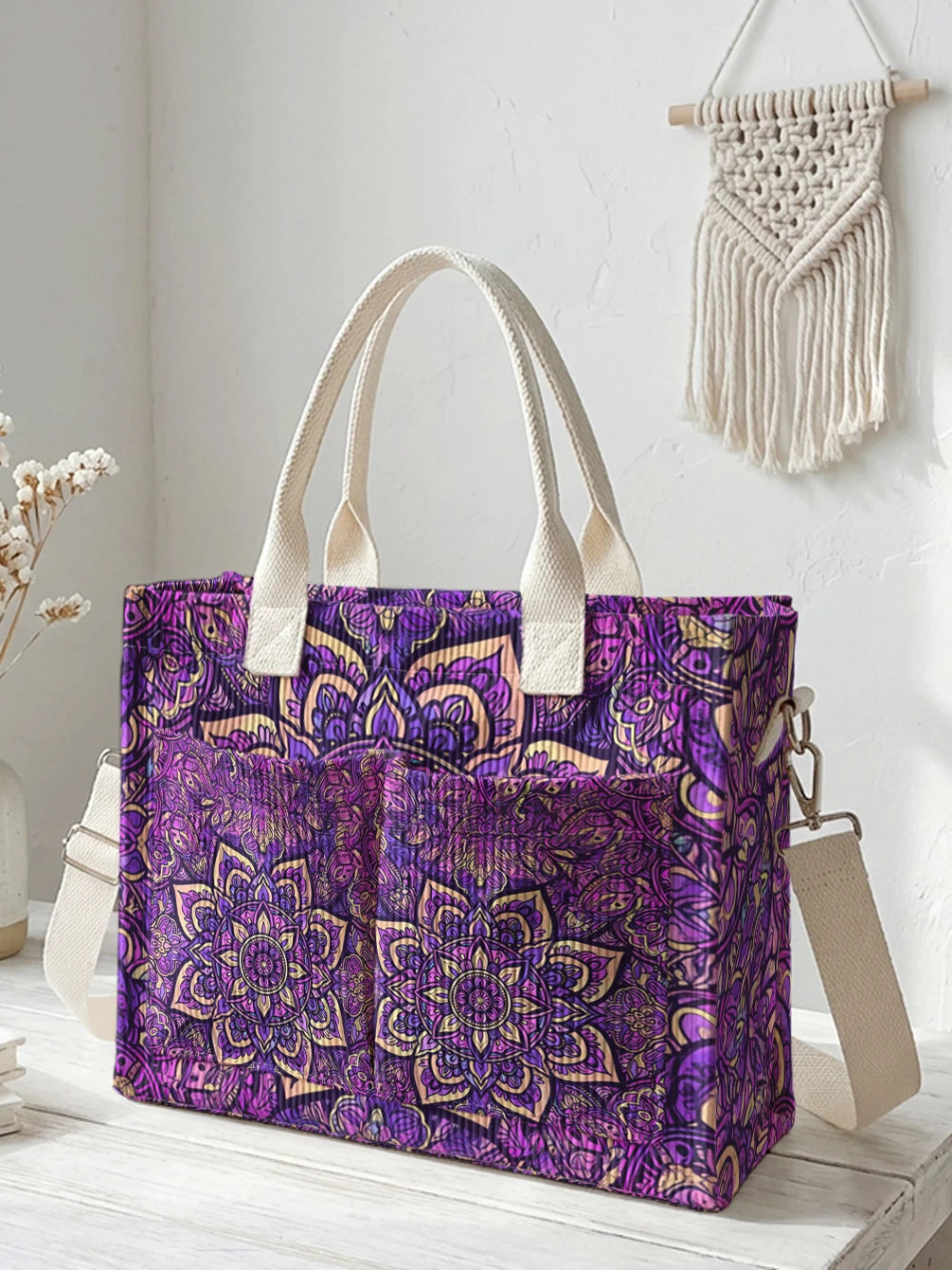 Sac à dos en velours côtelé avec imprimé mandala violet, grande capacité et plusieurs poches, sac à bandoulière pour les trajets domicile-travail