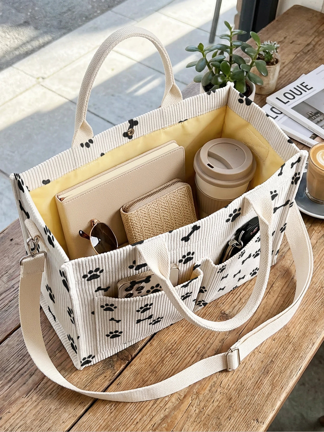 Sac à bandoulière en corduroy avec empreinte de patte de chien et d'os Grande capacité Sac à main multi-poches pour les amoureux des chiens