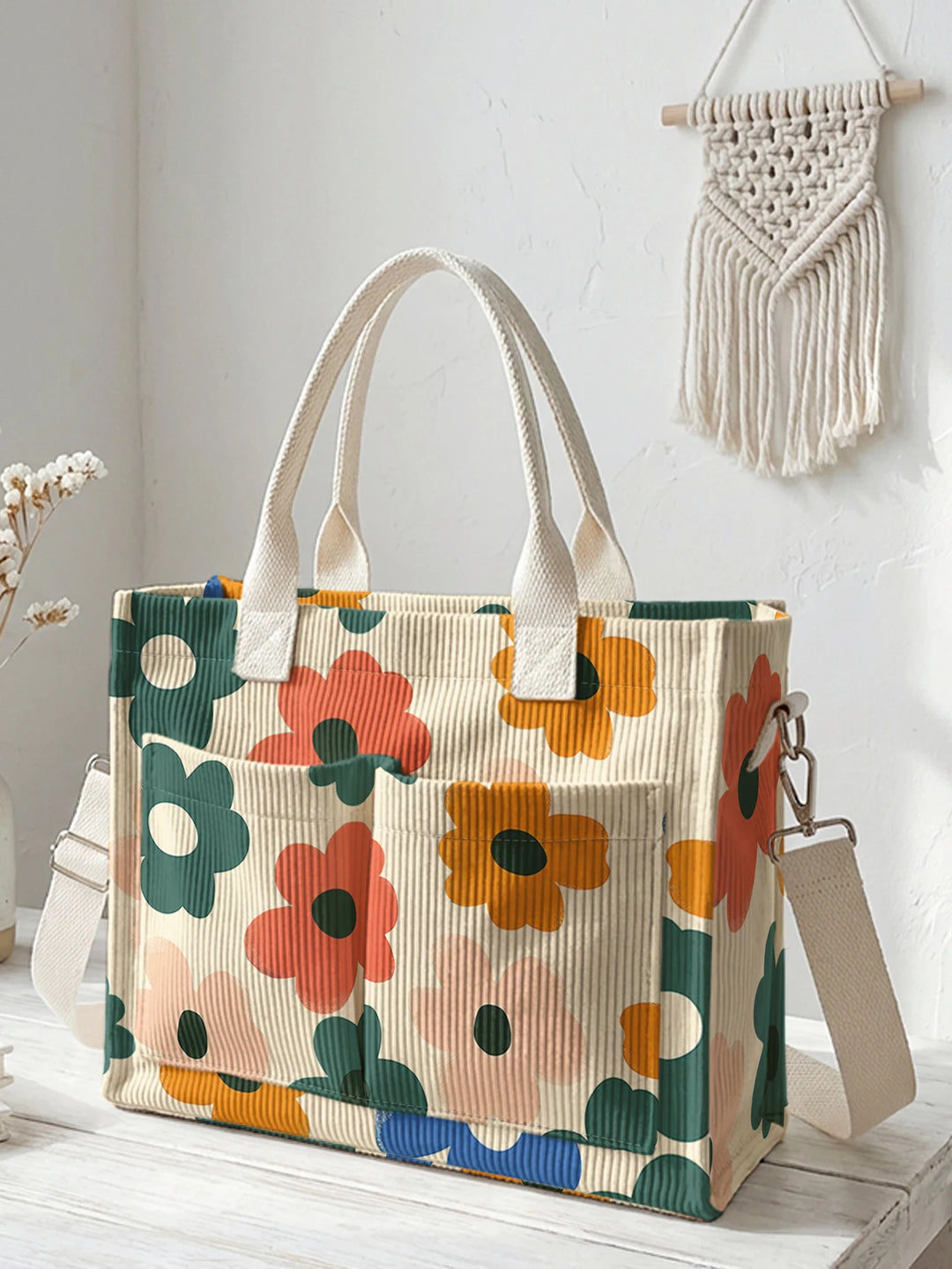 Sac à main en velours côtelé beige avec impression de fleurs rétro, grande capacité, plusieurs poches, sac bandoulière amovible