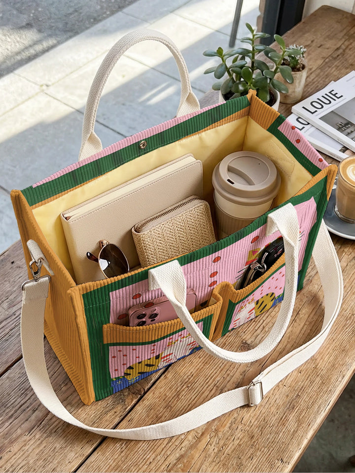 Sac fourre-tout en velours côtelé avec impression d'art populaire vintage - Grande capacité - Sac à plusieurs poches pour amoureux des chats - Sac à bandoulière pour le trajet