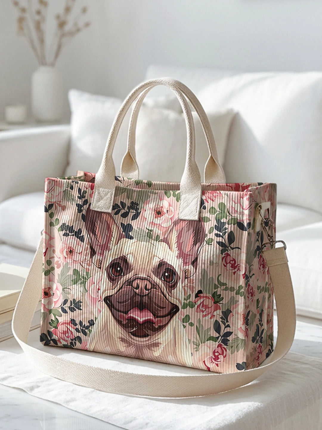 Sac en velours côtelé avec imprimé de bulldog français, grande capacité, plusieurs poches, sac à bandoulière pour les amoureux des chiens