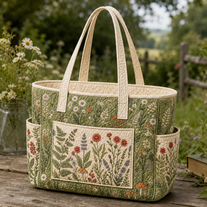 Borsa a spalla trapuntata con fiori di campo