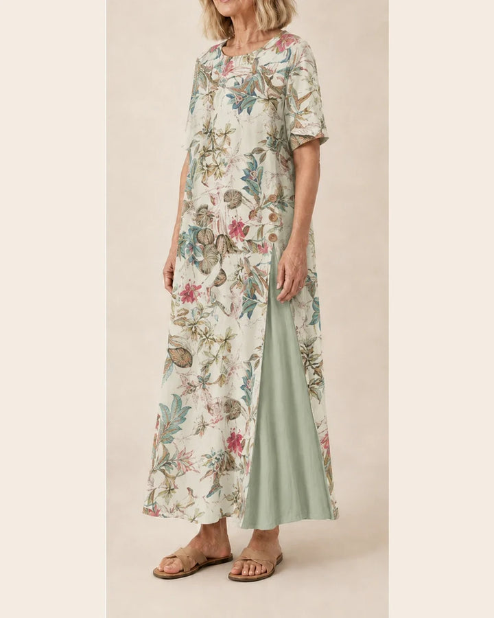 Maurene – Stampa floreale pastello | Abito lungo casual effetto lino