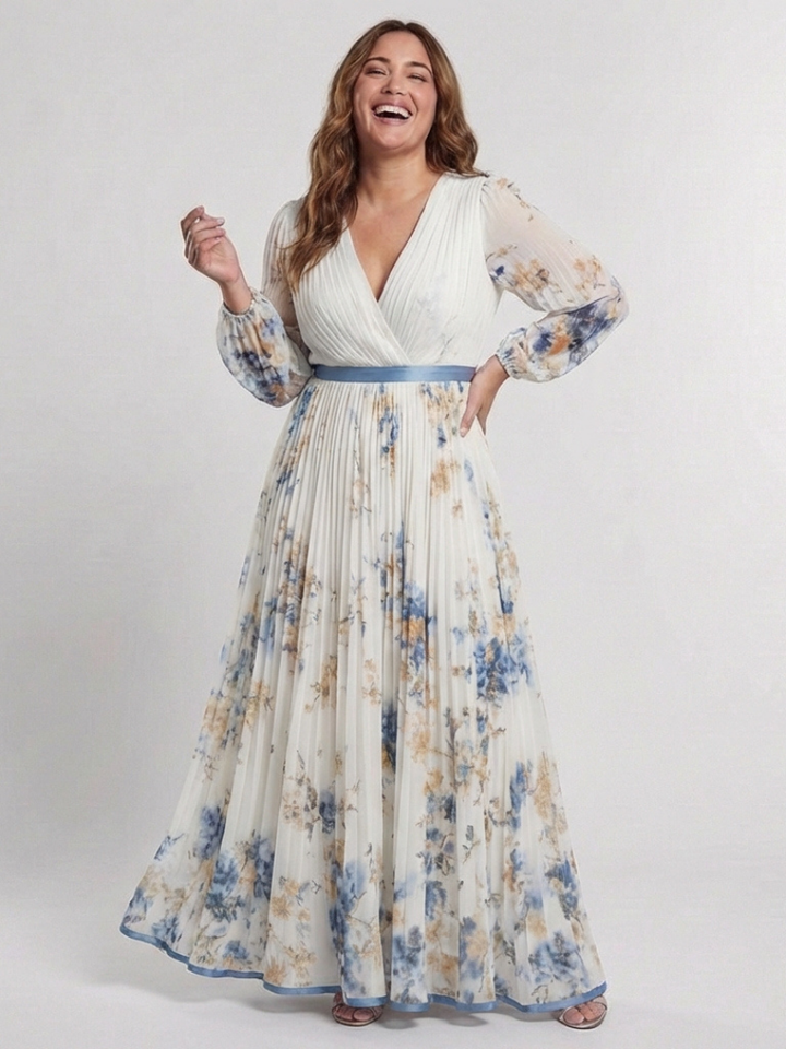 Lavinia | Abito Maxi Floreale con Maniche Lunghe e Scollatura a V