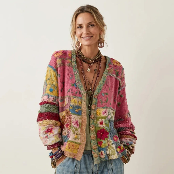 Marvelia | Cardigan in Maglia Patchwork con Ricamo Floreale