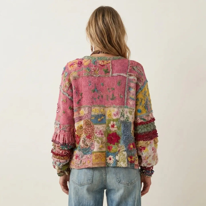 Marvelia | Cardigan in Maglia Patchwork con Ricamo Floreale