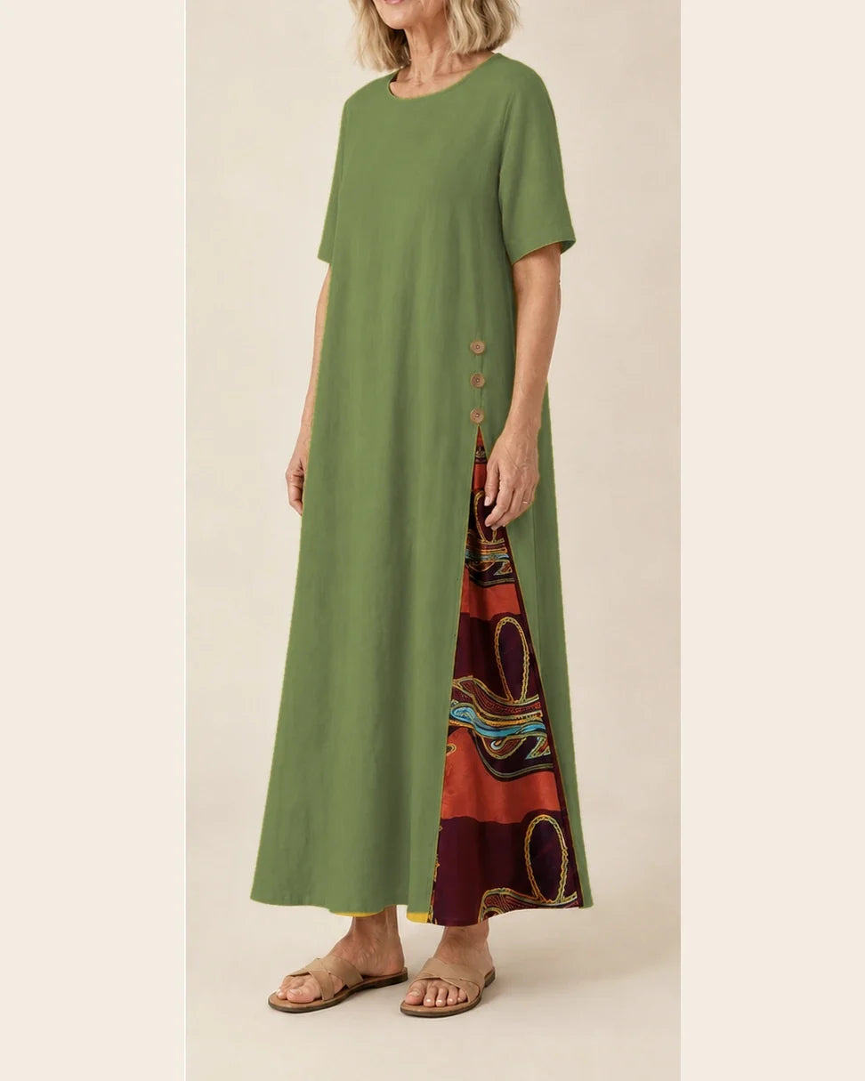 Maurene – Verde oliva | Abito lungo casual effetto lino